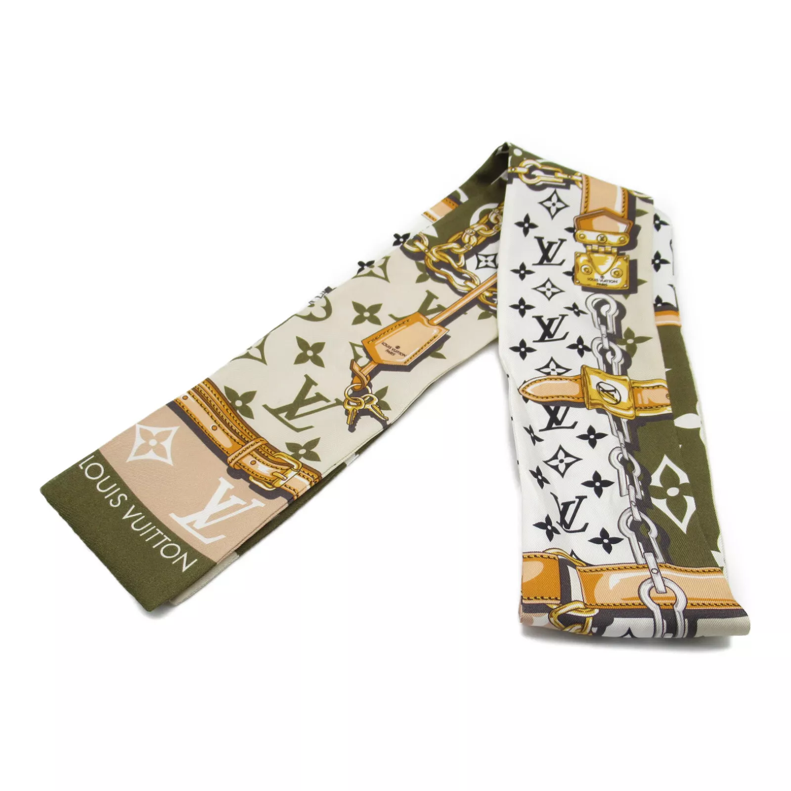 LOUIS VUITTON Bandeau Scarf M73359 silk White Khaki Used unisex LV monogram - £164.65 GBP