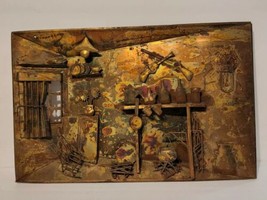 Vintage Metal Art Brass Copper Tin 3D Diorama Cabin Fireplace Scene Wall Art - £47.01 GBP