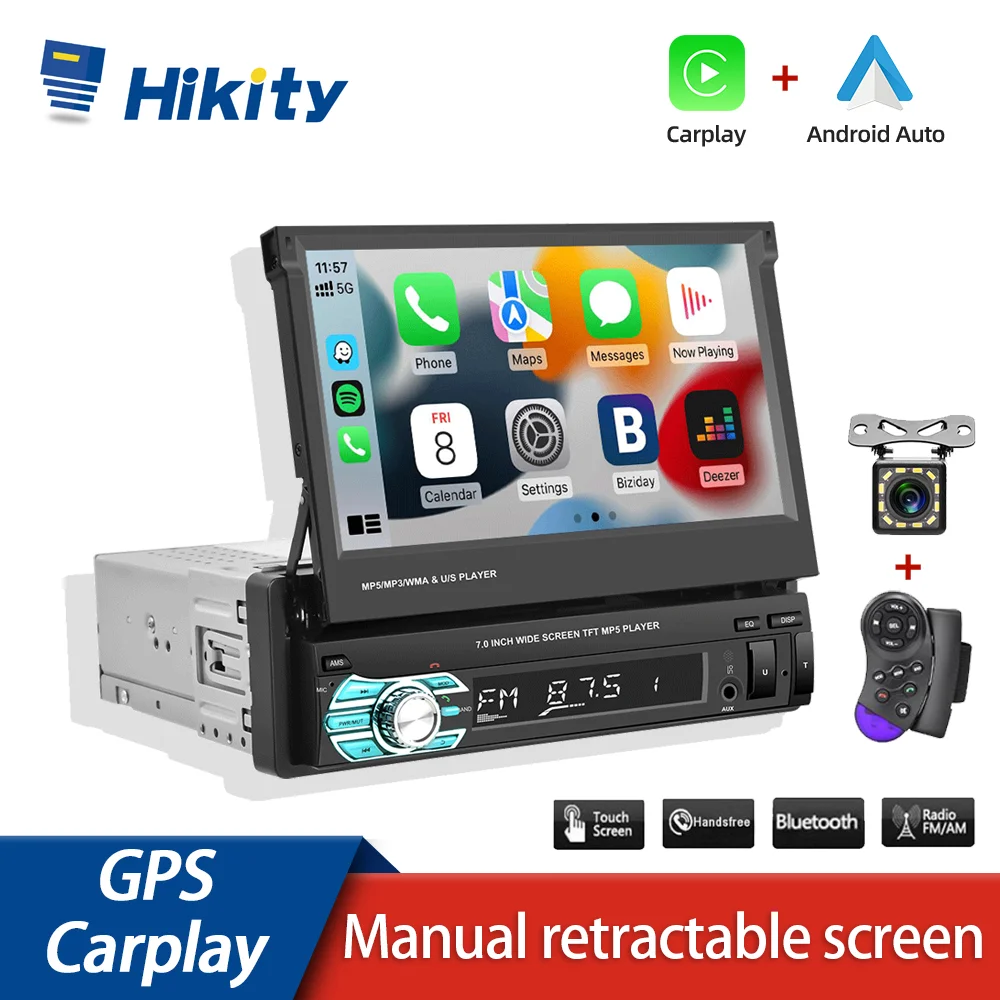 Hikity 1 Din Car Radio Stereo 7&quot; HD Retractable Touch Screen Carplay Monitor MP5 - £92.81 GBP