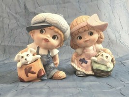 Homco Ceramic Figurines 1438,1439 Boy Puppy Girl Kitten 5&quot; Tall Adorable Vintage - £10.78 GBP