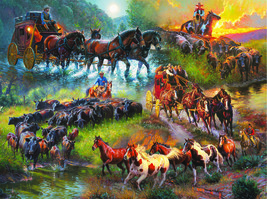 Framed canvas art print giclee old country western stagecoach wagons cows horses - £31.64 GBP+