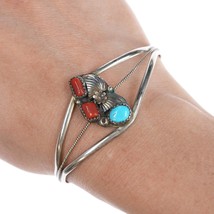 6.25&quot; Vintage Native American Silver, turquoise, and coral cuff bracelet - £66.28 GBP