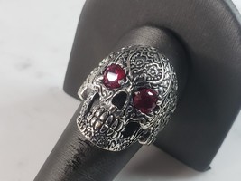 Mens Sterling Silver Ruby Eyed Skull Ring 14.3g E6413 - £75.16 GBP