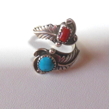 Signed RB Sterling Turquoise &amp; Coral Ring Size 6 - £34.83 GBP