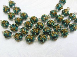 Round Green Lampwork Glass Beads with Flower, 8 beads 12mm - $14.50