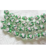Green Lampwork Glass Beads with Pink Flower, 12mm, 7 beads - $7.00
