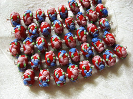 Red Lampwork Glass Rondelle Beads Pink, Blue Flower 15mm, strand of 8 - £11.62 GBP