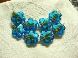 Aqua Blue Silver Foil Handmade Lampwork Glass Flower Beads 24mm 4 beads - £6.98 GBP