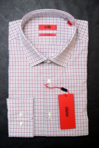 Hugo Boss Men&#39;s Mabel Sharp Fit Dark Red Check Cotton Dress Shirt 42 16.5 36/37 - £56.97 GBP