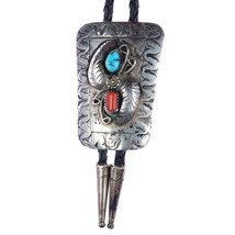 c1970 Navajo sterling turquoise, and coral feather design bolo tie - £96.34 GBP