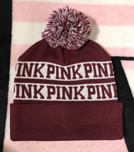 Victoria&#39;s Secret Pink Deep Ruby White PINK Nation Pom Pom Beanie Hat - £10.38 GBP