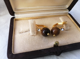 GOLD PLATED EARRINGS with tiger eye stone and white Swarovski crystals O... - $30.00