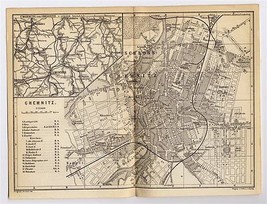 1886 Antique City Map Of Chemnitz Former KARL-MARX-STADT Saxony Sachsen Germany - £21.35 GBP