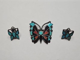 Vintage Zuni-Style Butterfly Pin with Matching Clip On Earrings, Turquoise - £75.69 GBP