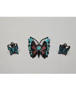Vintage Zuni-Style Butterfly Pin with Matching Clip On Earrings, Turquoise - £74.53 GBP
