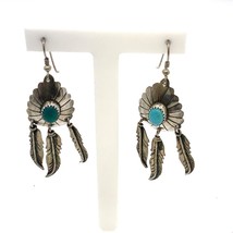 Vtg Sterling MC Mary Chavez San Felipe Navajo Turquoise Feather Dangle Earrings - £58.66 GBP