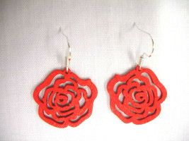 Small Size True Red Cut Out Open Rose Flower Wooden Charm Drop Earrings - £3.18 GBP