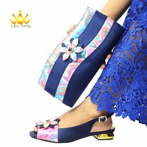 Dark Blue Wimen Sandal Decorate with Flower Shoes Matching Bag Set For Mature La - £96.92 GBP