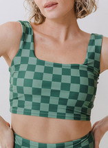 Green Checkered Print Square Neck Cropped Swim Top - $209.26 MXN
