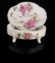 Victorian footed Trinket box - Signed Porcelain rose jewelry Box - romantic Gold - $55.00