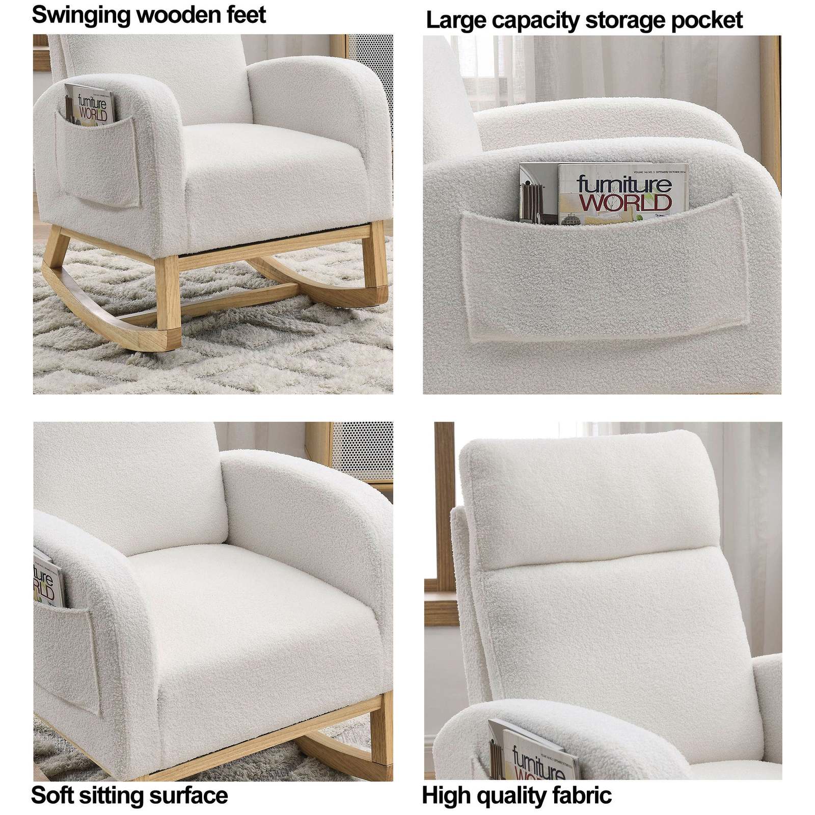 Welike Modern Accent High Back Living Room Lounge Rocking Chair, Ivory Item image 12