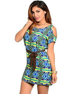 Green Yellow Blue Brown Diamond Print Cold Shoulder Tie Waist Ethnic Shi... - $18.00