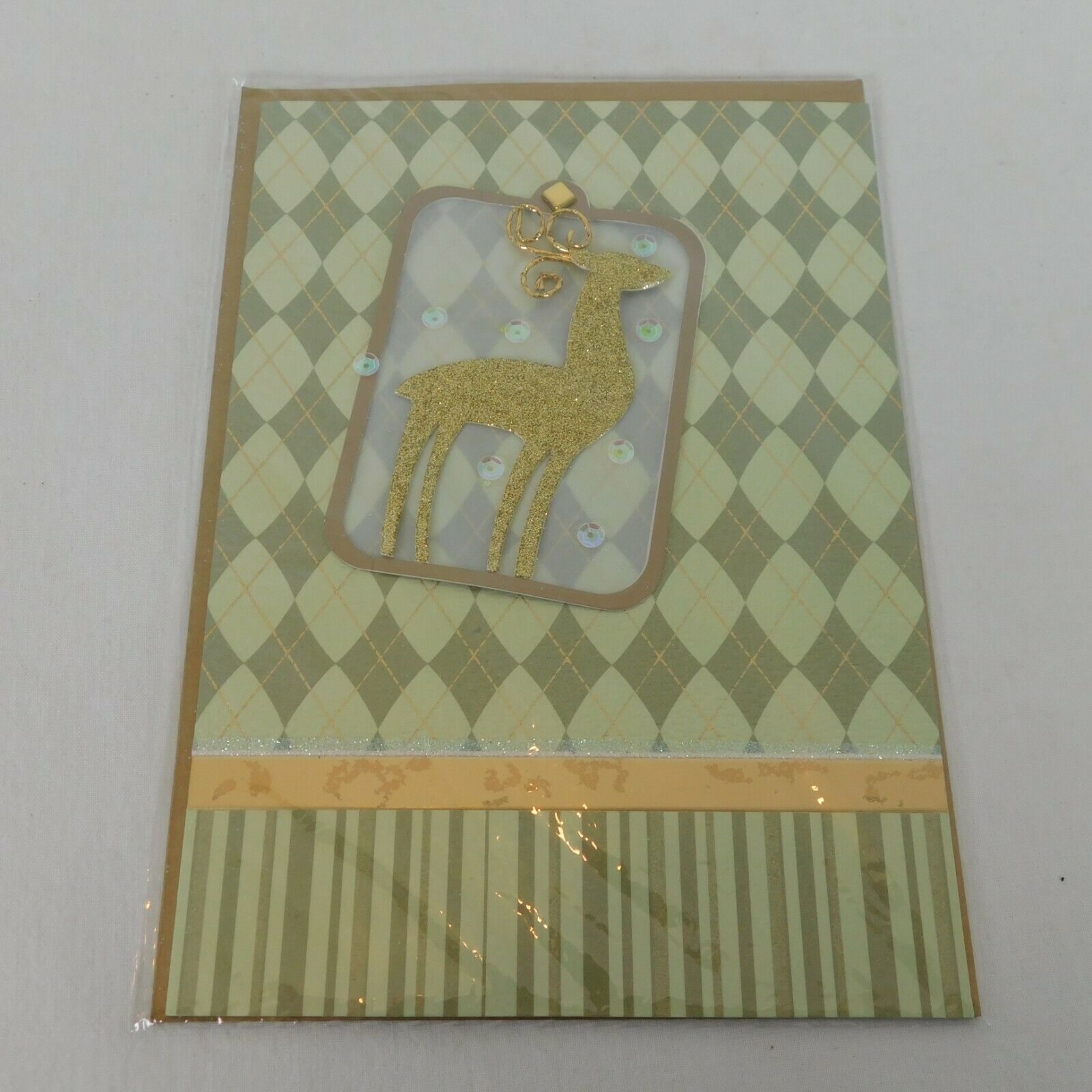 Primary image for Paper Magic Group Christmas Greeting Card Green Gold Reindeer Stripe Plaid Env