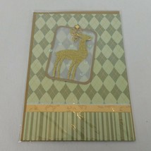 Paper Magic Group Christmas Greeting Card Green Gold Reindeer Stripe Plaid Env - £3.14 GBP