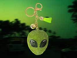 Extraterrestrial Crystal Bejeweled Keychain - Alien Head with Green Tass... - £5.98 GBP