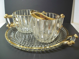 Jeannette Glass NATIONAL sugar creamer &amp; tray gold rim 3 pce set glass - £23.57 GBP