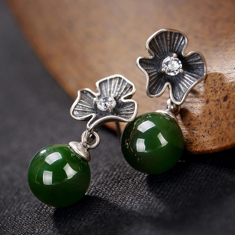 S925 pure silver hetian jade inlay restoring ancient ways round pearl earrings e - £58.39 GBP