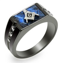 Masonic Mason Cz Stones Black Plated Stainless Steel Ring Size 8 9 10 11 12 13 - £54.98 GBP