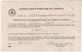 Vintage 1960 United Steelworkers Of America Certificate Of Union Dues 5&quot;... - $2.11