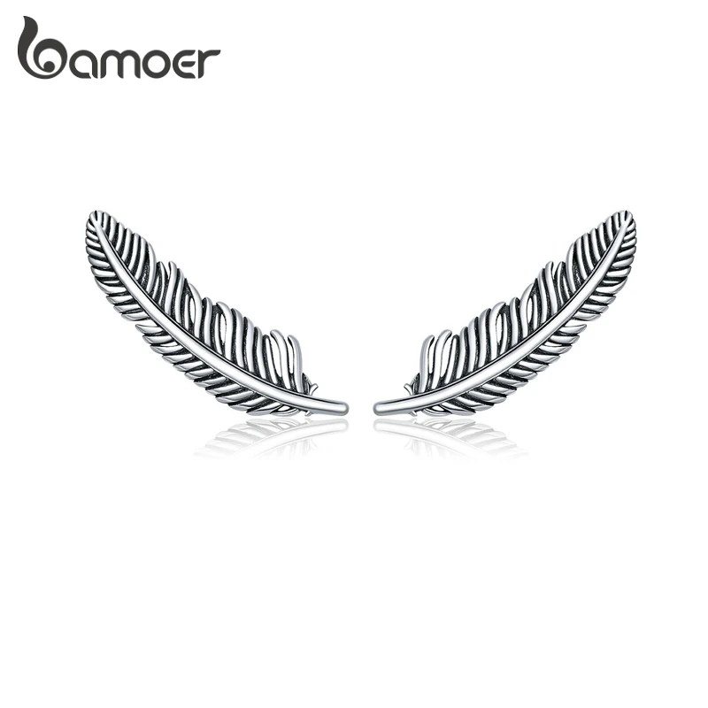 Authentic 925 Sterling Silver Retro Feather Stud Earrings for Women Real Silver  - £18.22 GBP