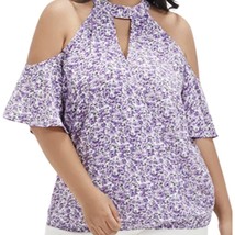 Bloomchic Floral Cold Shoulder Flutter Sleeve Blouse Purple White sz 10 ... - $14.19