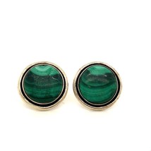 Vintage Signed Sterling F/I Genuine Round Green Malachite Stone Clip on Earrings - £51.42 GBP