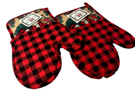 Holiday Trimmings Oven Mit Set Red Black Buffalo Check Santa Christmas H... - $20.79