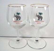 Stemmed crystal shot glasses x 2 Ambassador Hotel elephant logo 3 oz gold rim - £10.42 GBP