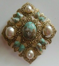 Vintage Large Sarah Coventry Faux Turquoise/Pearl Brooch/Pendant - £42.83 GBP