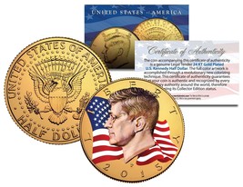 Colorized * FLOWING FLAG * 2015 JFK Kennedy Half Dollar Coin 24K GOLD PL... - $8.56