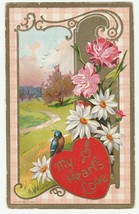 Vintage Postcard Valentine Bluebird Daisies Pink Flowers Country Lane 1910 - £6.21 GBP