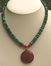 Adjustable Graduated Turquoise Rondelle and Carnelian Buddha Necklace - £67.16 GBP