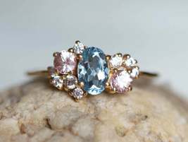 1.45CT Aquamarine &amp; Pink Sapphire Diamond 14K Yellow Gold Finish Women&#39;s Ring - £80.73 GBP