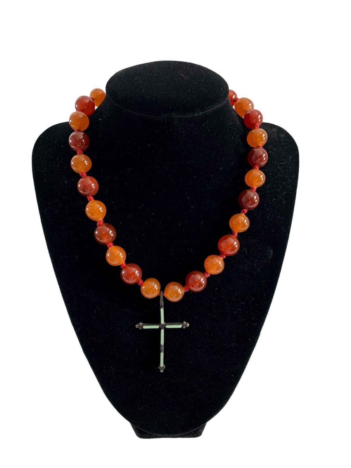 Lucky Brand Burnished Orange Carnelian Bead Necklace Metal Enamel Cross Pendant  - $78.21