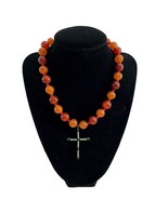 Lucky Brand Burnished Orange Carnelian Bead Necklace Metal Enamel Cross ... - £61.37 GBP