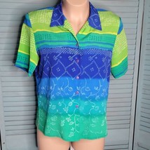 Tan Jay Button Down Shirt Blouse ~ Sz 14 ~ Green &amp; Blue ~ Short Sleeve - £17.66 GBP