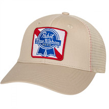 Pabst Blue Ribbon Square Logo Patch Adjustable Trucker Hat Beige - £25.01 GBP