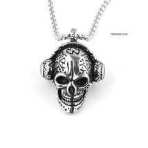 Headphones Skull Punk Rock Gothic Hip Hop Music Stainless Pendant 60cm Box Chain - £15.82 GBP