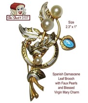 Spanish Damascene Pin Leaf Brooch with Faux Pearls Vintage Brooch 2.3&quot; Pin - £11.23 GBP