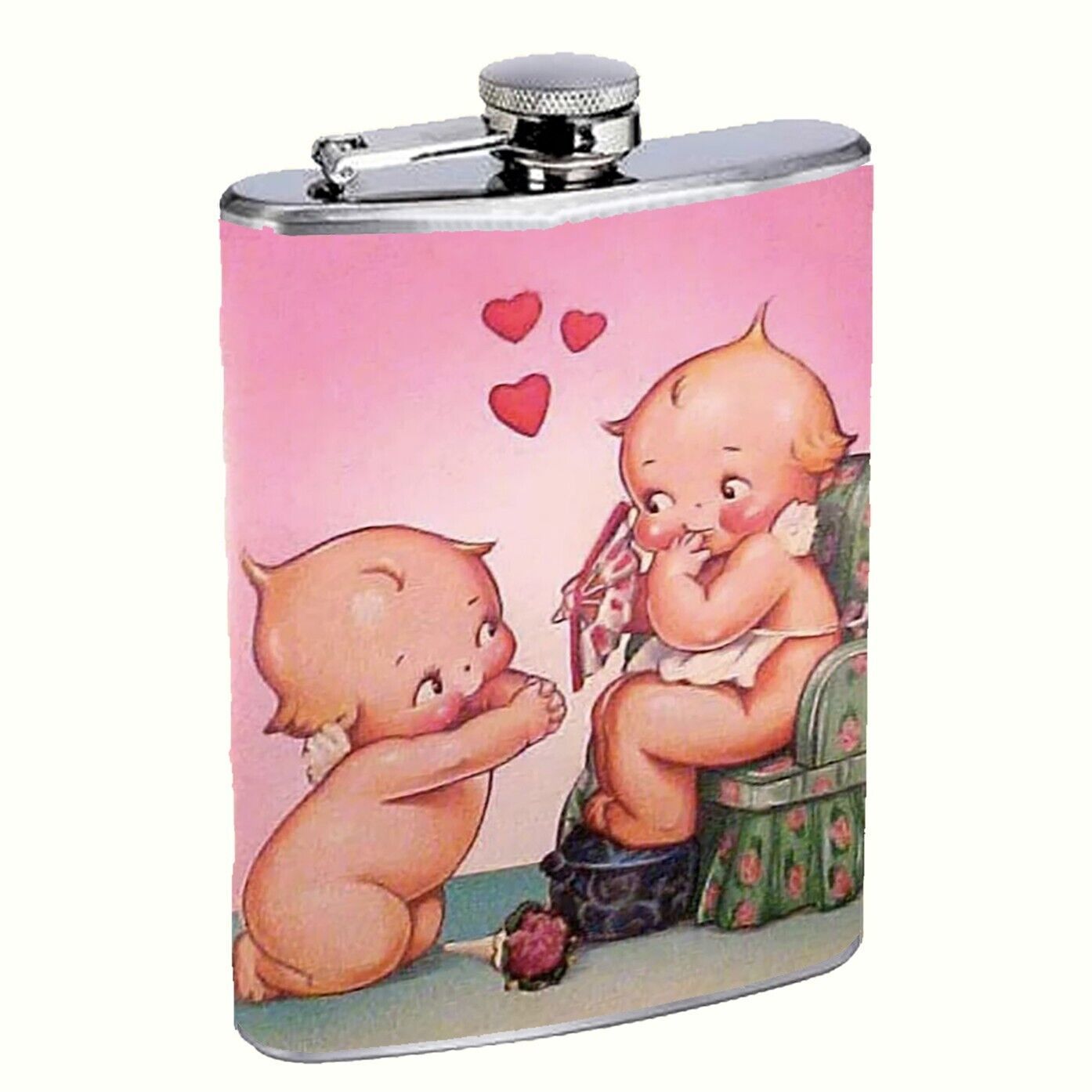 Vintage Heart Valentine Cherub Doll Flask 8oz Stainless Steel Pink - $14.80